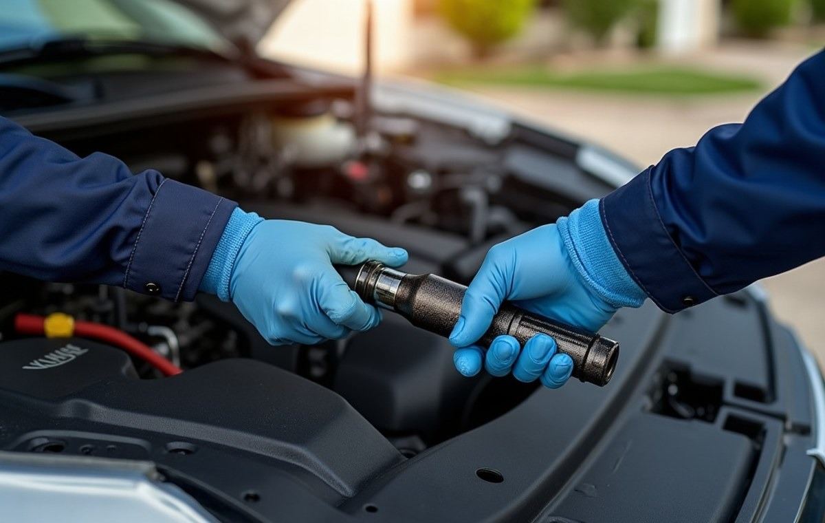 Parts handed across an engine bay at a Tulsa service visit